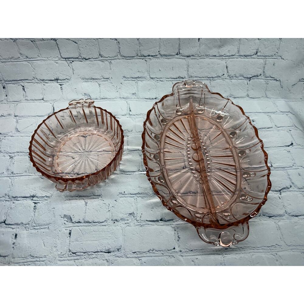 Anchor Hocking Pink Depression Glass Oyster & Pearl Divided Oval Dish & Bowl